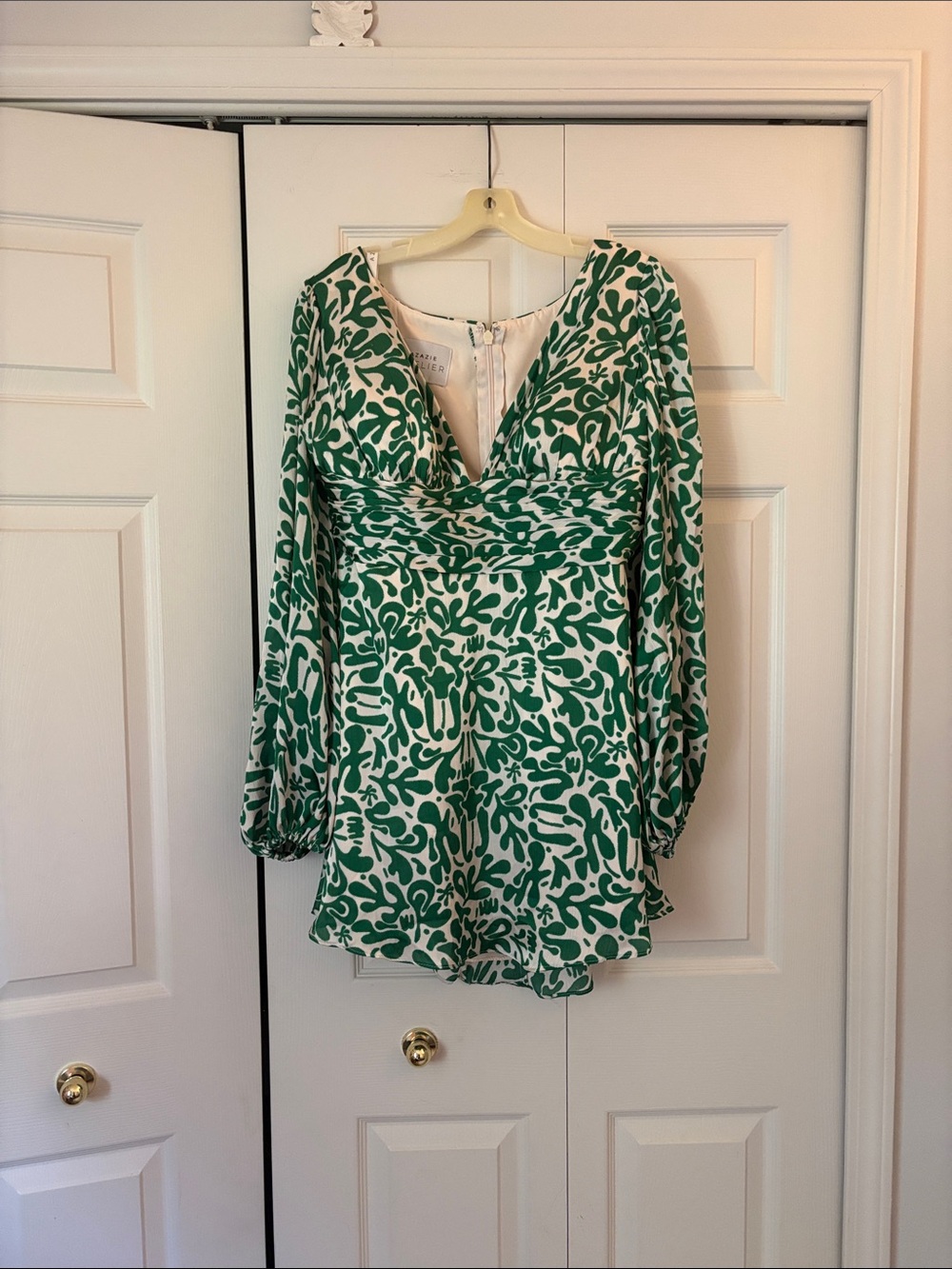 Azazie Green and White V-Neck Long Sleeve Mini Dress